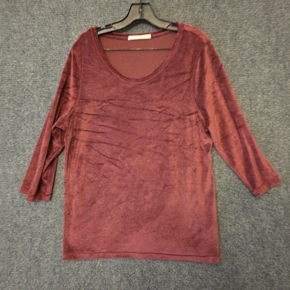 Peruvian Connection Shirt Women XL Red Velour Scoop Neck 3/4 Sleeve Pullover Top